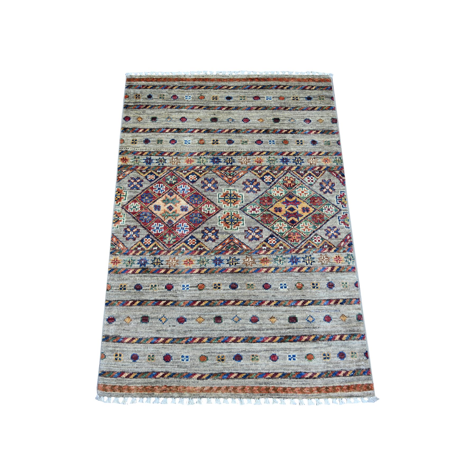 Stone Gray, Afghan Super Kazak with Khorjin Design, Hand Knotted, Soft and Velvety Wool, Vegetable Dyes, Sample, Mat, Oriental Rug